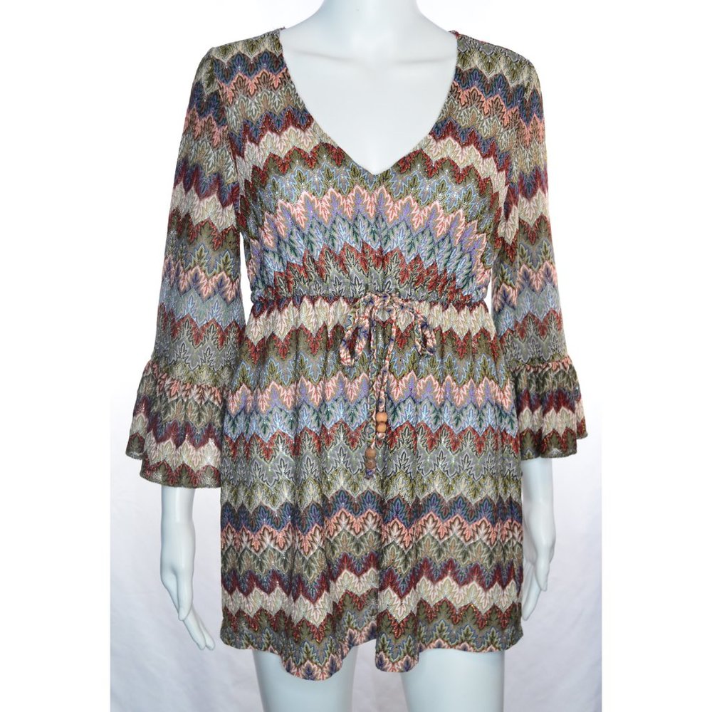Boston Proper Chevron Metallic Bell Sleeve Boho Tunic Top Size M